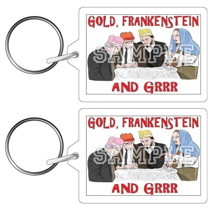 Bottom 90's TV Series Inspired Exclusive Hand Drawn Gold, Frankenstein And Grrr Artwork Keyring