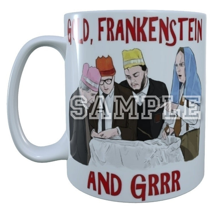 Bottom 90's TV Series Inspired Exclusive Hand Drawn Gold, Frankenstein And Grrr Artwork Mug