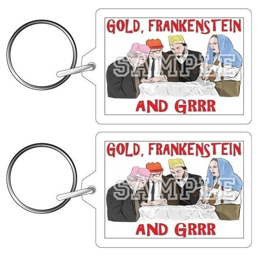 Bottom 90's TV Series Inspired Exclusive Hand Drawn Gold, Frankenstein And Grrr Artwork Keyring